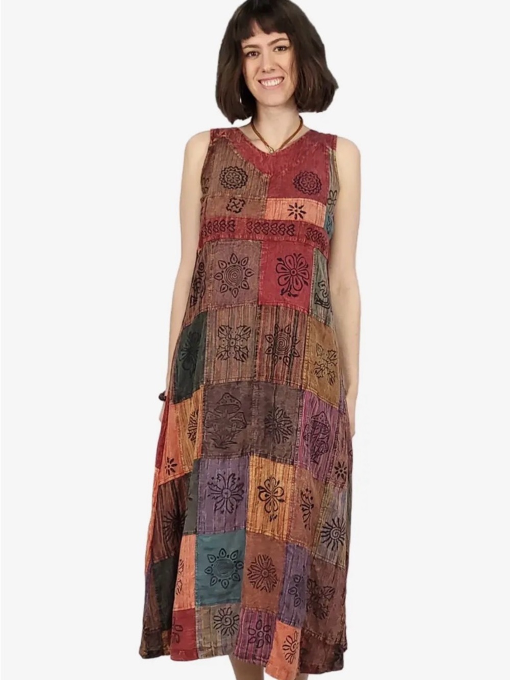0088–NWT Boho Sleeveless Patchwork Maxi Dress - Multicolor